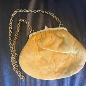 Vintage 1970s Yellow Suede Crossbody Purse Gold Tone Chain Hardware Boho Spring